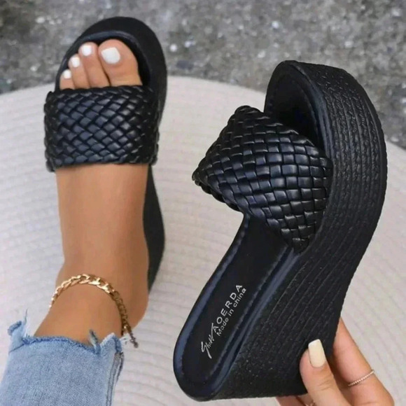 Women's Weave Striped Checkered Slip-On High-Heeled Sandals, Peep Toe Black - Picture 3 of 7